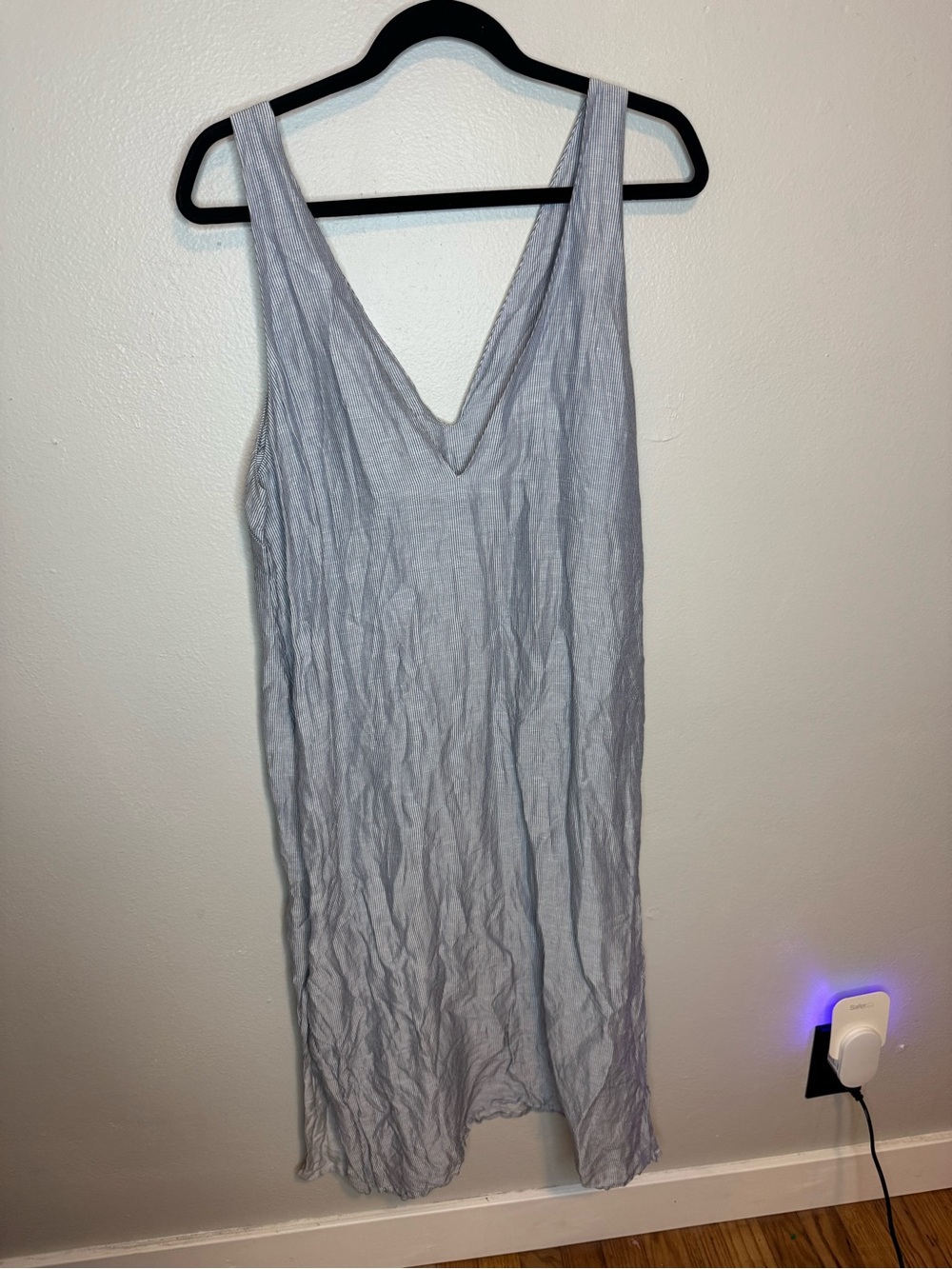 Lunya Linen Silk Double V Midi Dress Blue Pinstripe - Picture 9 of 11